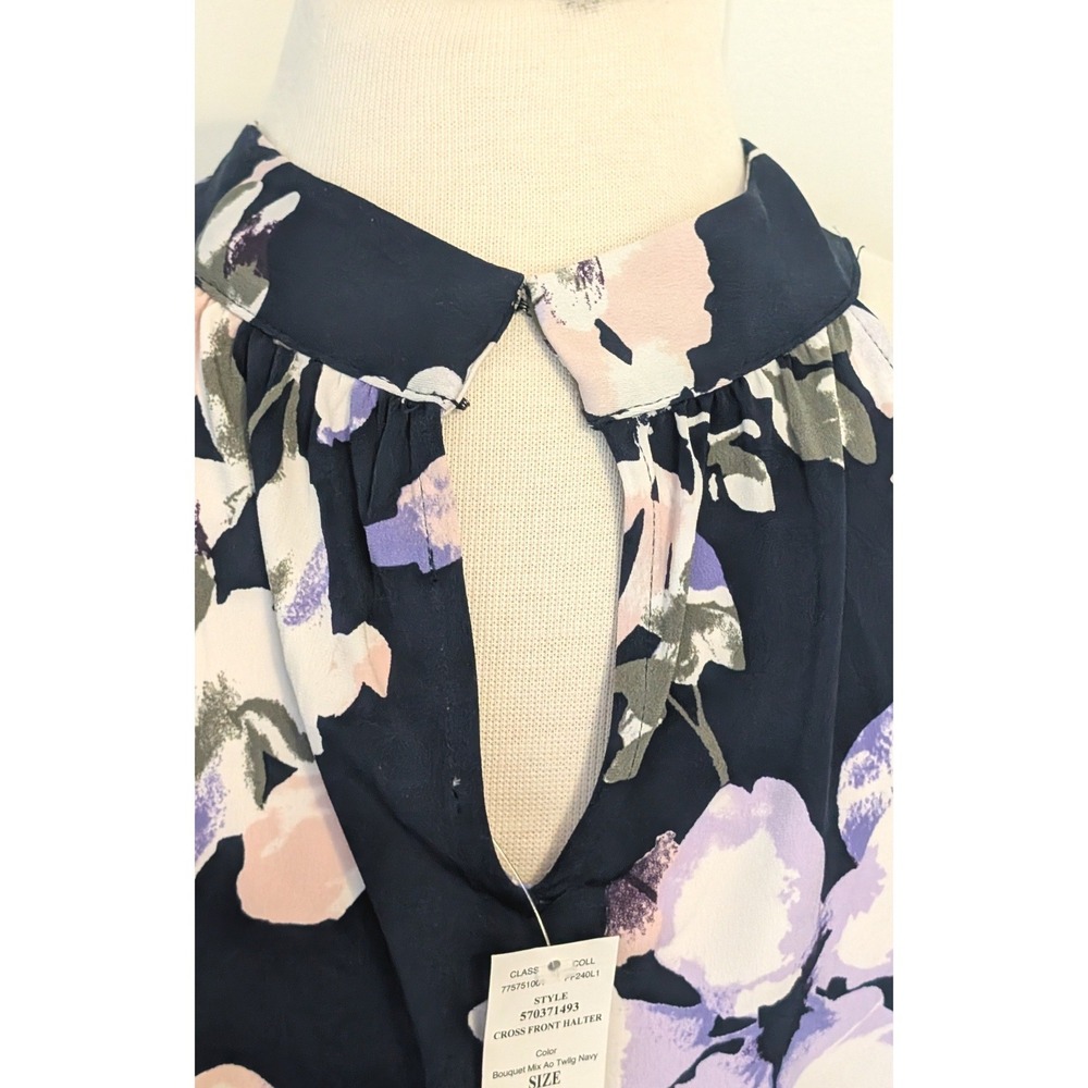 WHBM Floral Halter Blouse Keyhole Neck Banded Hem L Feminine Boho Office Blouson - Picture 6 of 13